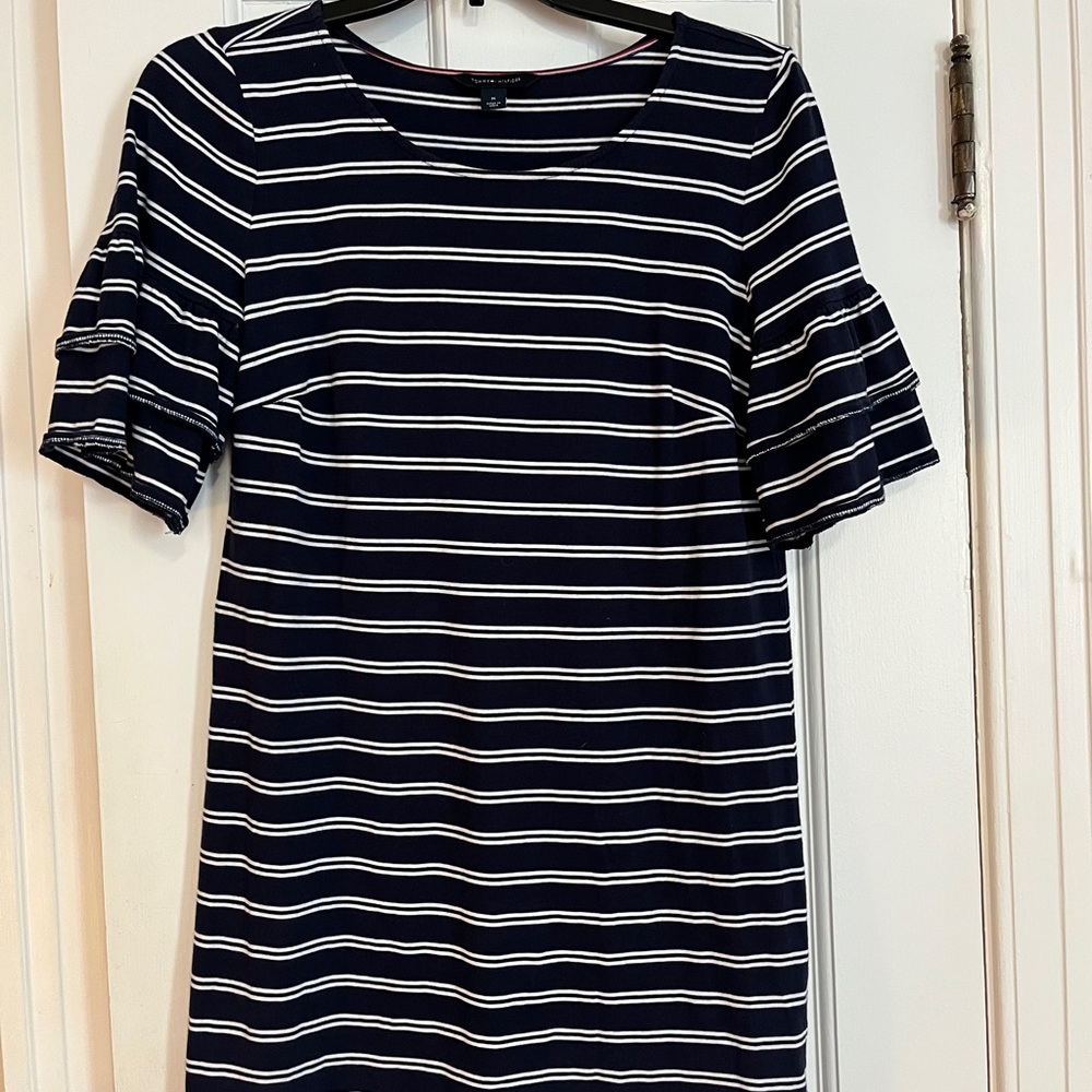 Tommy Hilfiger Blue and White Flutter Sleeve Sheath Dress